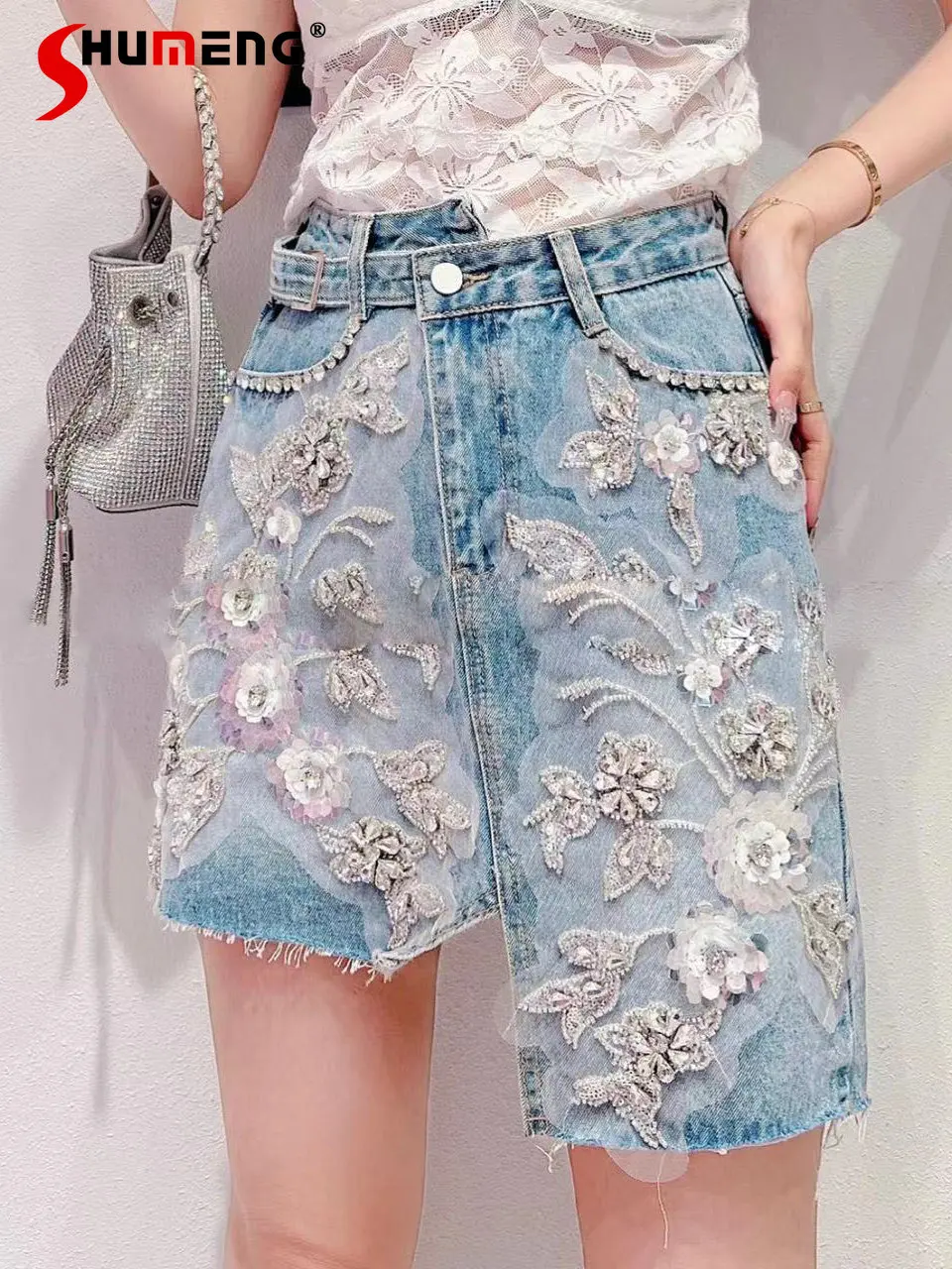 Female 2023 Summer New Korean Style Sweet Rhinestone Flower Irregular Skirt Women's Fashion High Waist Slimming Denim Skirt
Female 2023 Summer New Korean Style Sweet Rhinestone Flower Irregular Skirt Women's Fashion High Waist Slimming Denim Skirt