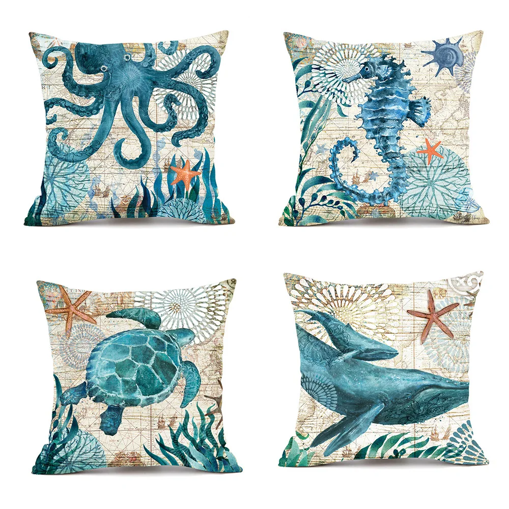 

Marine Animal Print Throw Pillow Cover Turtle Seahorse Whale Octopus Cushion Cover 45x45 Cartoon Personality Sofa Pillowcase New