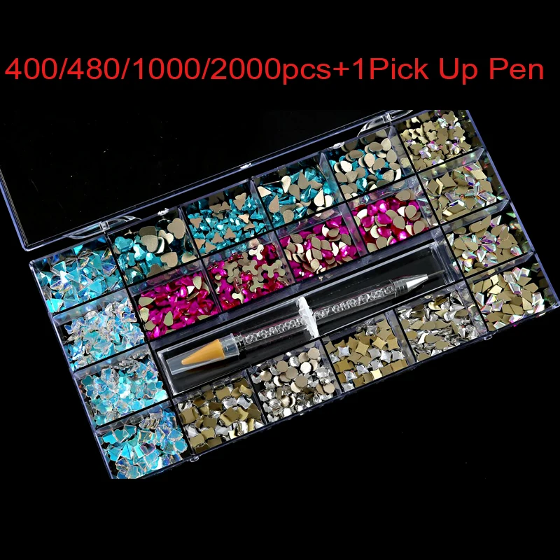 

2000/1000/480/400/pcs Luxury Shiny Diamond Nail Art Rhinestones+1pcs Pick Up Pen AB/Red/Aurora Nail Box Nail Gem 3D Nail Jewelry