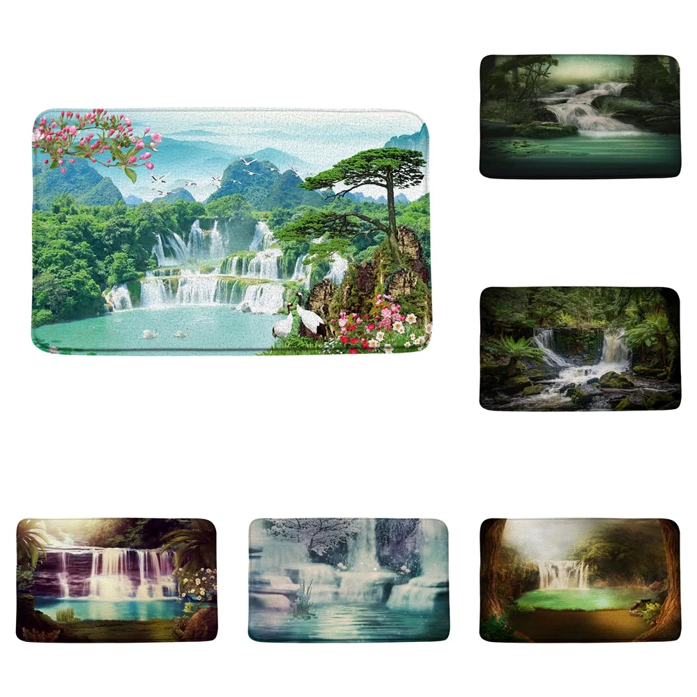 

Waterfall Jungle Natural Scenery Bath Mats Lake Crane Forest Landscape Bathroom Decor Doormat Kitchen Toilet Door Floor Rug Home