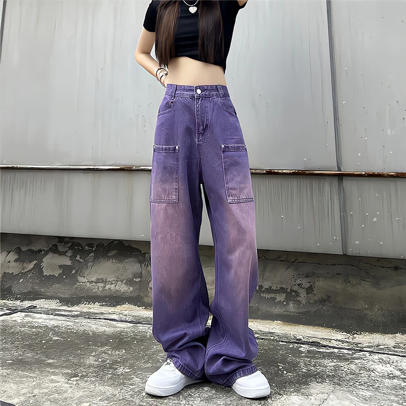 

Фиолетовые мешковатые джинсы, женские брюки-карго в стиле «бойфренд» с высокой талией и градиентным эффектом, прямые джинсовые брюки Y2k