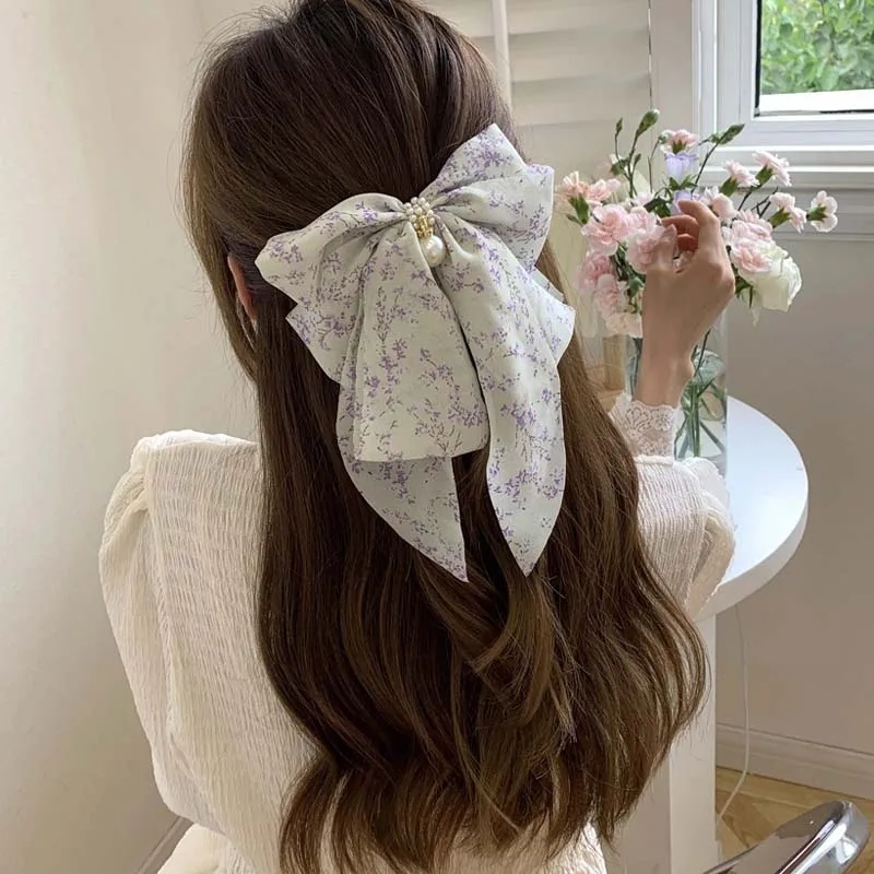 Korean Temperament Pearl Pendant Satin Bow Spring Clip Chiffon Dyed Large Bow Hair Clip Ladies Ponytail Clip Hair Accessories
Korean Temperament Pearl Pendant Satin Bow Spring Clip Chiffon Dyed Large Bow Hair Clip Ladies Ponytail Clip Hair Accessories