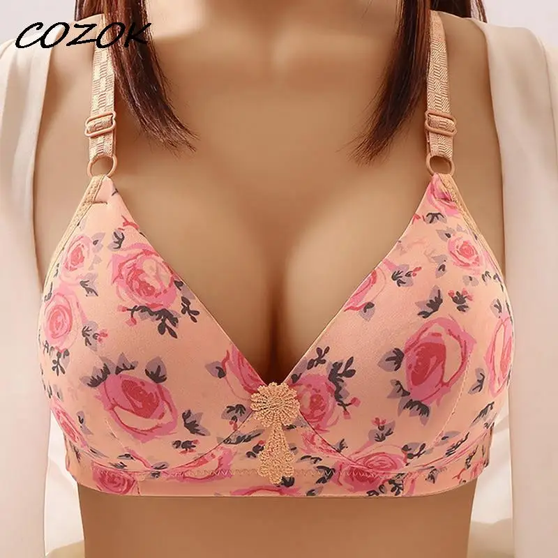 

COZOK Floral Bras For Women Plus Size Lingerie Underwear Wire Free Small Breast Bralette Push Up Breathable Brasieres Gathered