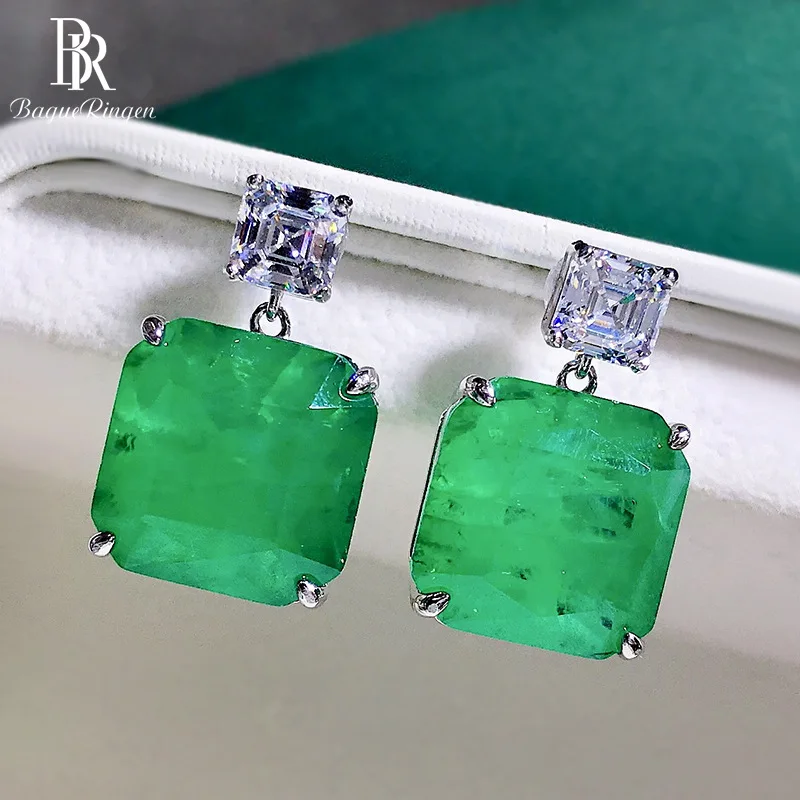 

Bague Ringen 925 Sterling Silver Emerald Drop Earrings Simple 15*15mm Green Gemstone Wedding Anniversary Jewelry Female Gifts