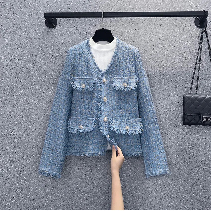 

JSXDHK New 2022 Spring Autumn Plaid Tweed Jacket Coat Elegant Women V Neck Pearl Single Breasted Tassel Female Loose Outerwear