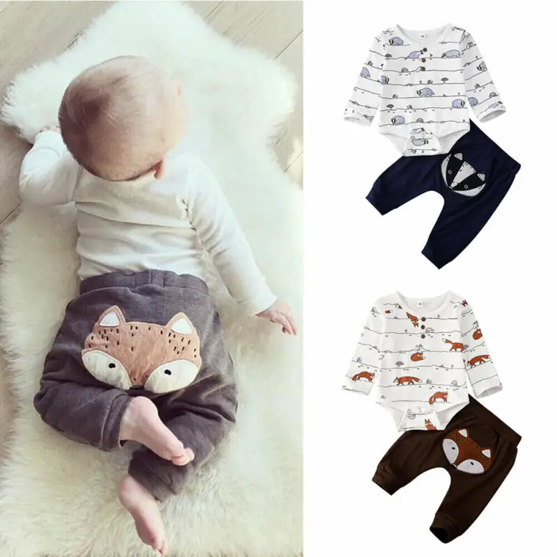 

Baby Boy Clothes Set Fox Print Bodysuit Romper Embroidery Pants Trousers 0-18M Newborn Infant Toddler Spring Fall Casual Outfits