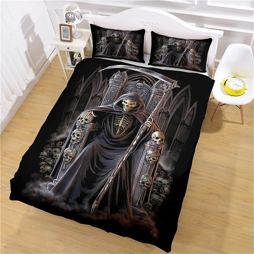 Custom Black Horror Skeletons Skull King Sit on the Throne Bedding Sets Single Double Bed Duvet Cover Set and 2 pcs Pillow cover
Custom Black Horror Skeletons Skull King Sit on the Throne Bedding Sets Single Double Bed Duvet Cover Set and 2 pcs Pillow cover