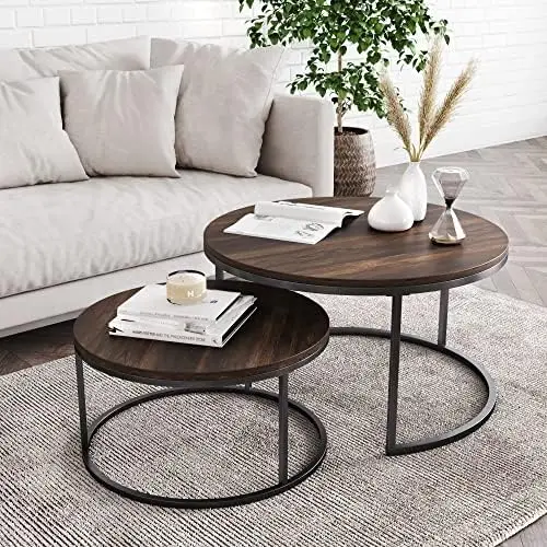 Round Modern Nesting Coffee Set of 2, Stacking Living Room Accent Tables with an Industrial Wood Finish and Powder Coated Metal
Round Modern Nesting Coffee Set of 2, Stacking Living Room Accent Tables with an Industrial Wood Finish and Powder Coated Metal