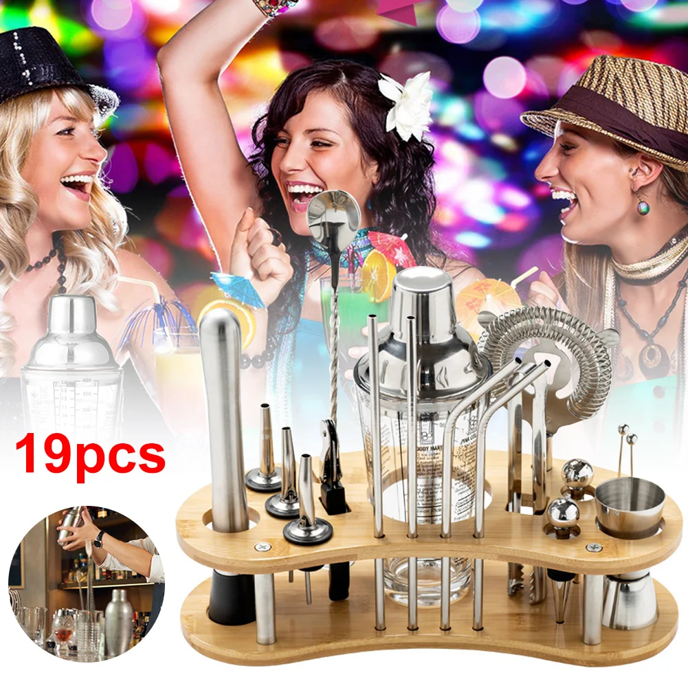 New 19Pcs Stainless Steel Cocktail Shaker Set Martini Cocktail Mixer Bartender Kit With Wood Stand Bar Tools Set For Home Bars
New 19Pcs Stainless Steel Cocktail Shaker Set Martini Cocktail Mixer Bartender Kit With Wood Stand Bar Tools Set For Home Bars
