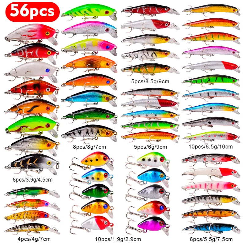 56pcs/set Floating Fishing Lure Set Minnow Popper Crank Fishing Bait Suit Plastic Bionic Baits with Hook for Sea Reservoir Pond
56pcs/set Floating Fishing Lure Set Minnow Popper Crank Fishing Bait Suit Plastic Bionic Baits with Hook for Sea Reservoir Pond