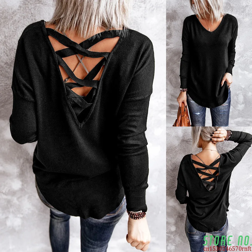 Sexy Backless Tops Women T-shirts Casual V Neck Solid Cross Strap Slim Long Sleeve T-Shirt Female Black Pullovers Tee Autumn New
Sexy Backless Tops Women T-shirts Casual V Neck Solid Cross Strap Slim Long Sleeve T-Shirt Female Black Pullovers Tee Autumn New