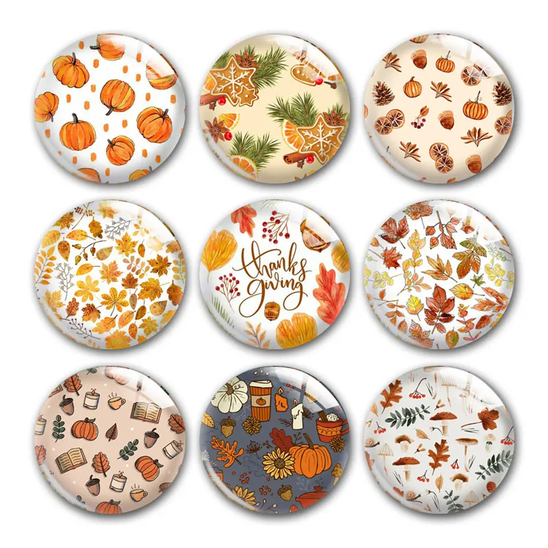 

Thanksgiving Warm Fall Autumn Leaves Pumpkin Round Photo Glass Cabochon Demo Flat Back DIY Jewelry Making Supplies Snap Button