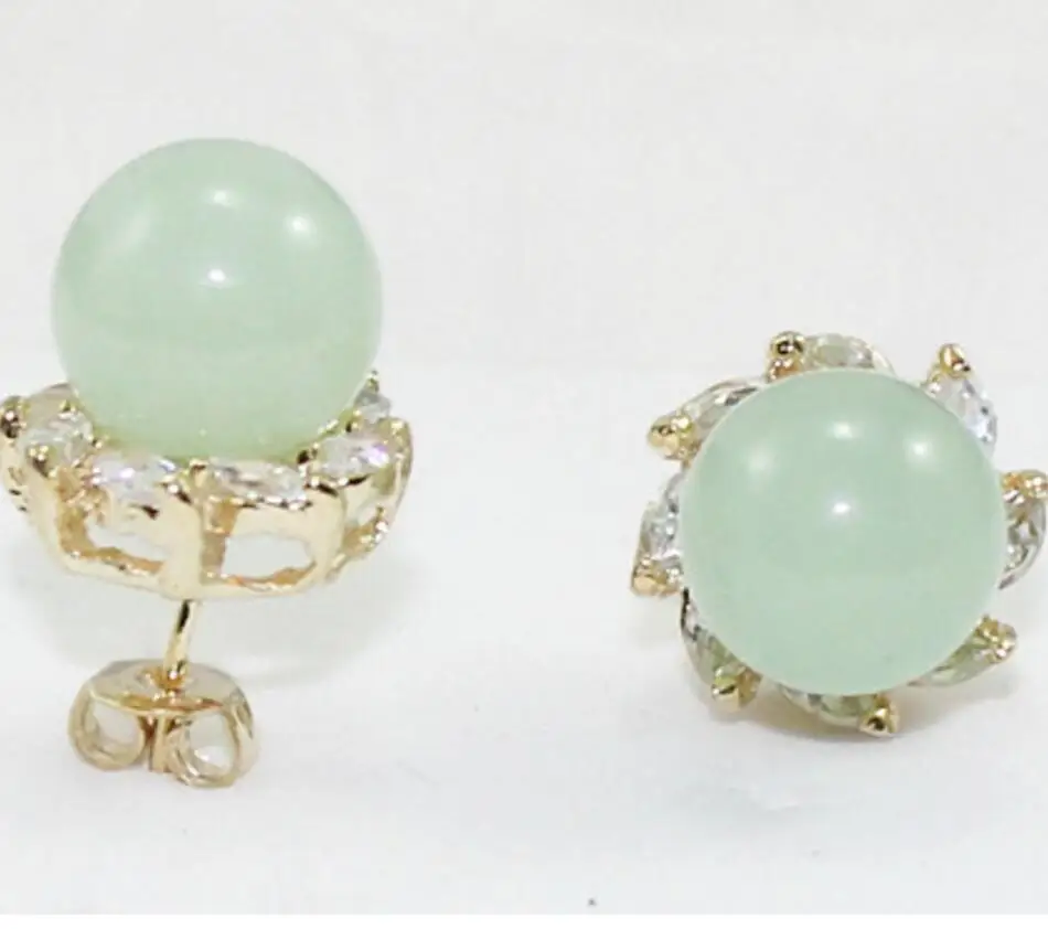 

wholesale nice jewelry 10mm light green Natural jade bead 18kgp crystal inlay earrings