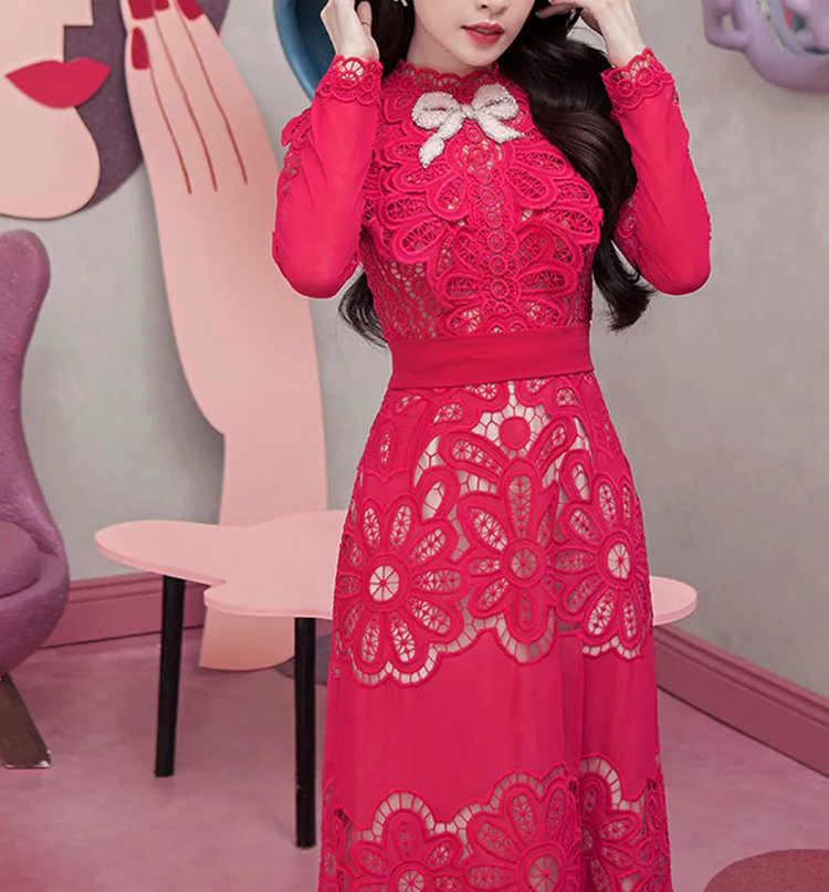 

Высококачественное розово-красное весенне-осеннее женское милое платье-трапеция с длинным рукавом и водорастворимым кружевом, приталенное темпераментное вечернее платье