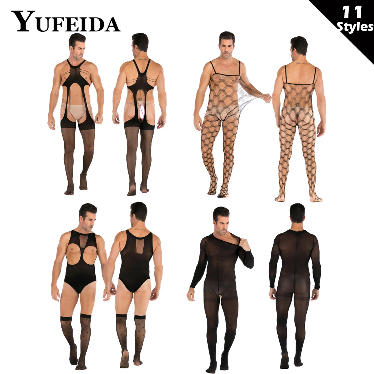 

YUFEIDA Mens See Through Sheer Bodystocking Sexy Crotchless Stretchy Body Pantyhose Tights Full BodyStockings Nightgown Bodysuit