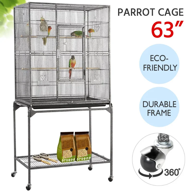 

SMILE MART 63"H Large Rolling Metal Parrot Bird Cage with Stand for Small Animal,Black bird nesting box bird cage