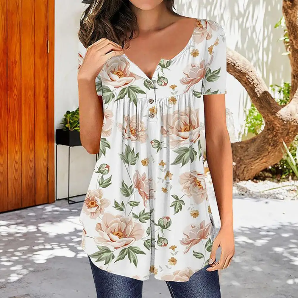 Summer Top Short Sleeve Buttons Arc Hem Fashion Blouse Flower Printing Scoop Neck Loose Buttons Top Streetwear
Summer Top Short Sleeve Buttons Arc Hem Fashion Blouse Flower Printing Scoop Neck Loose Buttons Top Streetwear