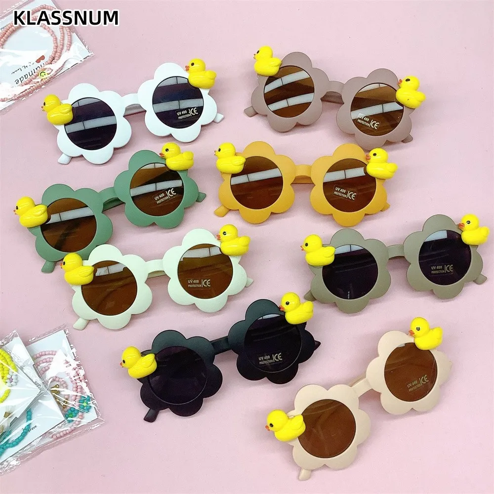 Новинка 2023, детские солнцезащитные очки, круглые солнцезащитные очки с цветами для девочек и мальчиков, очки с желтой уткой, милые детские очки для фотосъемки