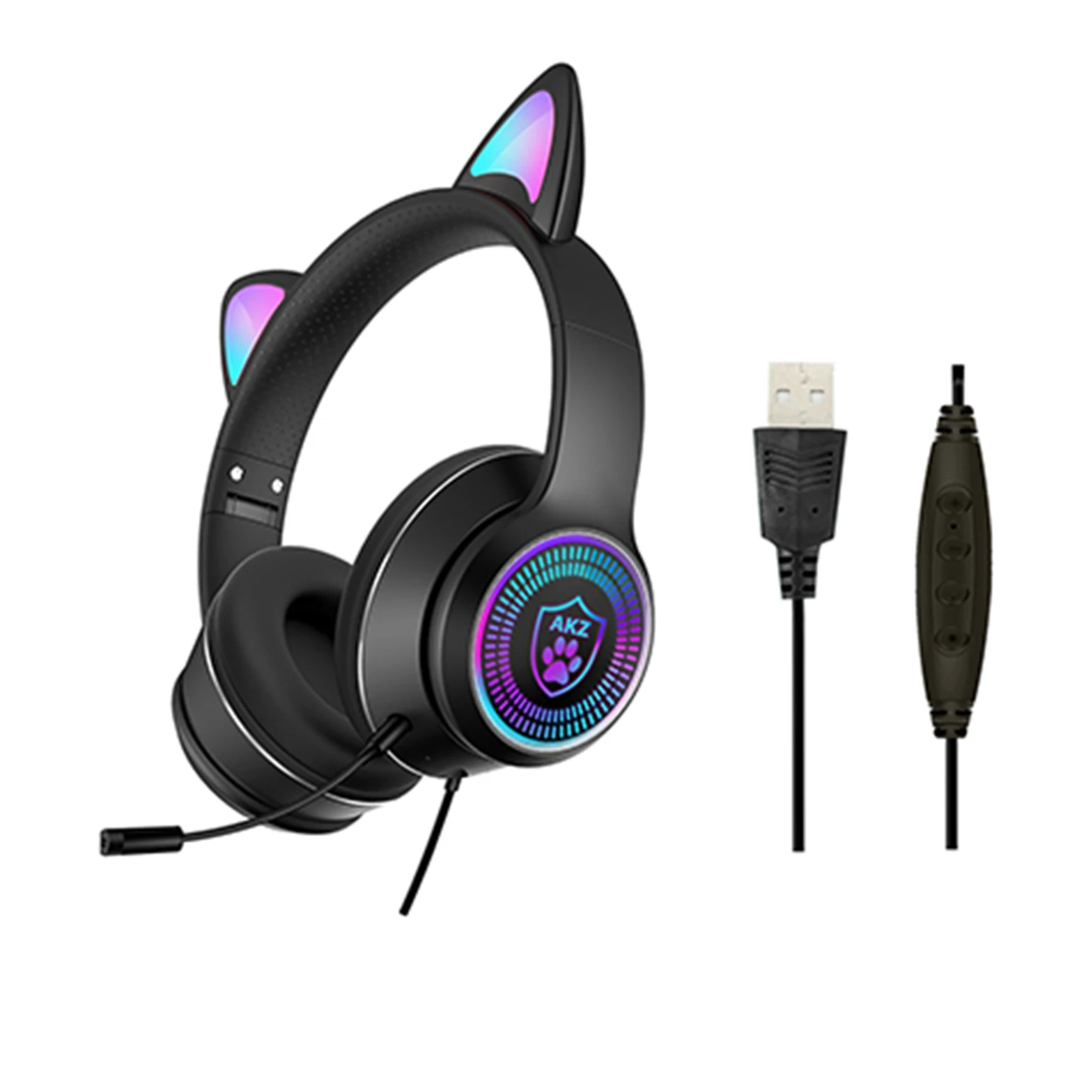 

Gaming Headset Foldable With Microphone Noise Cancelling Lightweight RGB Light USB Wired Ergonomic Cat Ear Gift Cute HiFi Stereo