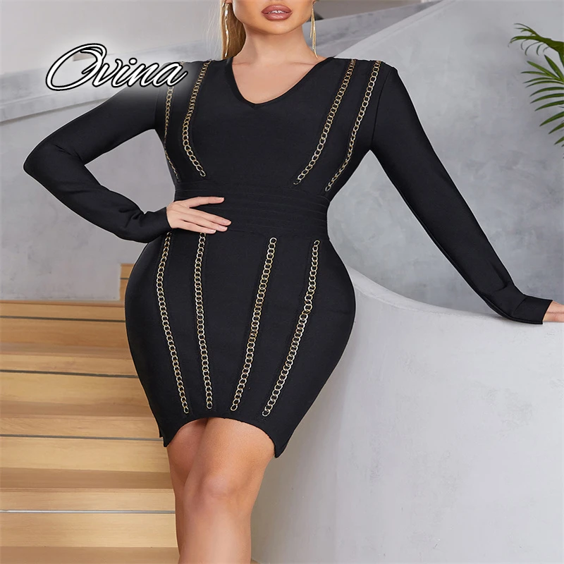 Black Women's Party Dress Metal Chain Design Fashionable High End Sexy V-Neck Long Sleeve Tight Bandage Skirt Free Shipping
Black Women's Party Dress Metal Chain Design Fashionable High End Sexy V-Neck Long Sleeve Tight Bandage Skirt Free Shipping