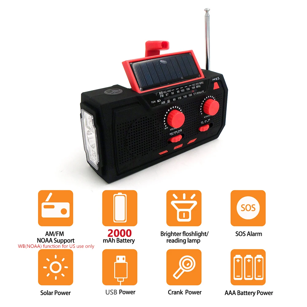 AM/FM/WB Emergency Radio 2000mAh Battery Bluetooth-compatible 5.0 Solar Hand Crank Radio LED Reading Flashlight SOS Alarm 
AM/FM/WB Emergency Radio 2000mAh Battery Bluetooth-compatible 5.0 Solar Hand Crank Radio LED Reading Flashlight SOS Alarm