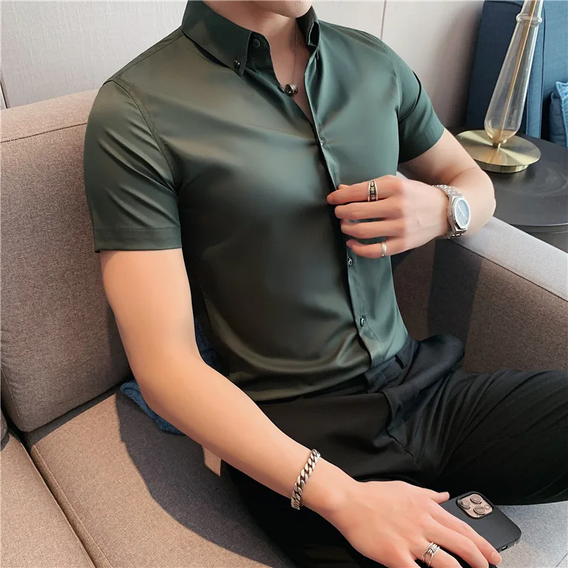 

Summer Business Dress Shirt Men Asian Size Turndown Collar Button Mens Designer Clothes Slim Fit Short Sleeve Solid Blouse Men