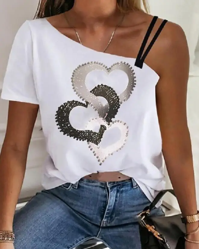 Casual Fashion Versatile 2023 Summer Women's New Hot Selling Heart Print Asymmetric Neck T-Shirt Top
Casual Fashion Versatile 2023 Summer Women's New Hot Selling Heart Print Asymmetric Neck T-Shirt Top