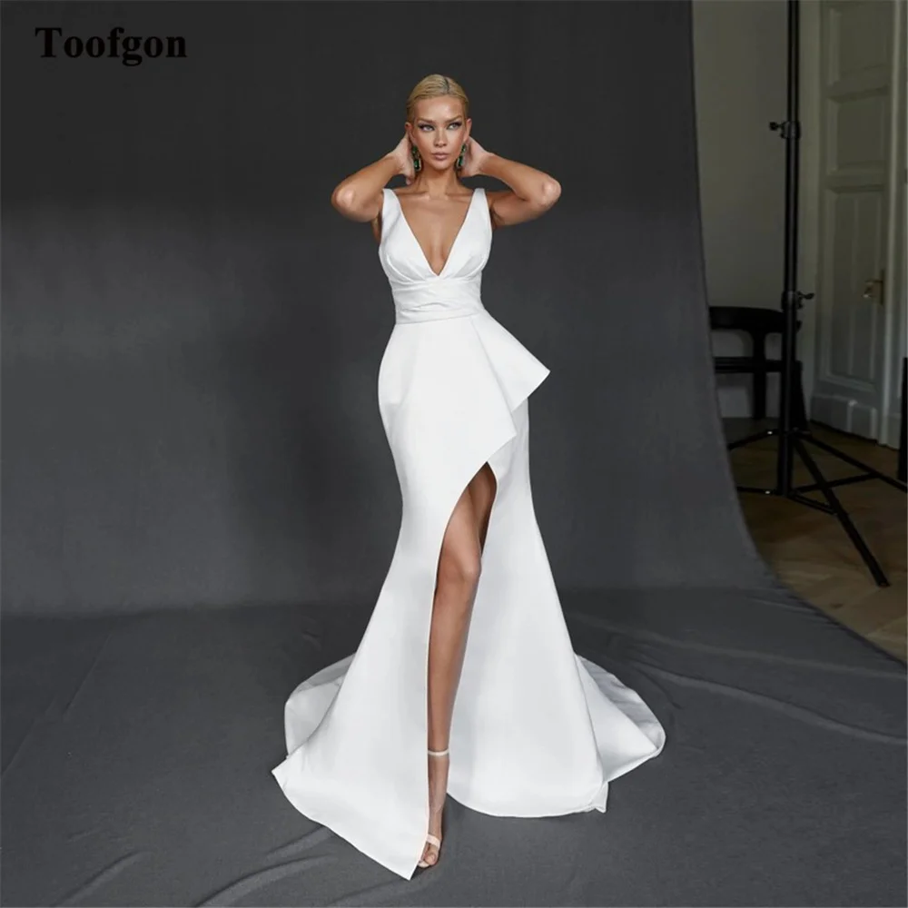 Toofgon Mermaid Stretch Satin Bride Wedding Dresses V-Neck High Side Slit Bridal Gowns Formal Wedding Party Women Dress 2023
Toofgon Mermaid Stretch Satin Bride Wedding Dresses V-Neck High Side Slit Bridal Gowns Formal Wedding Party Women Dress 2023