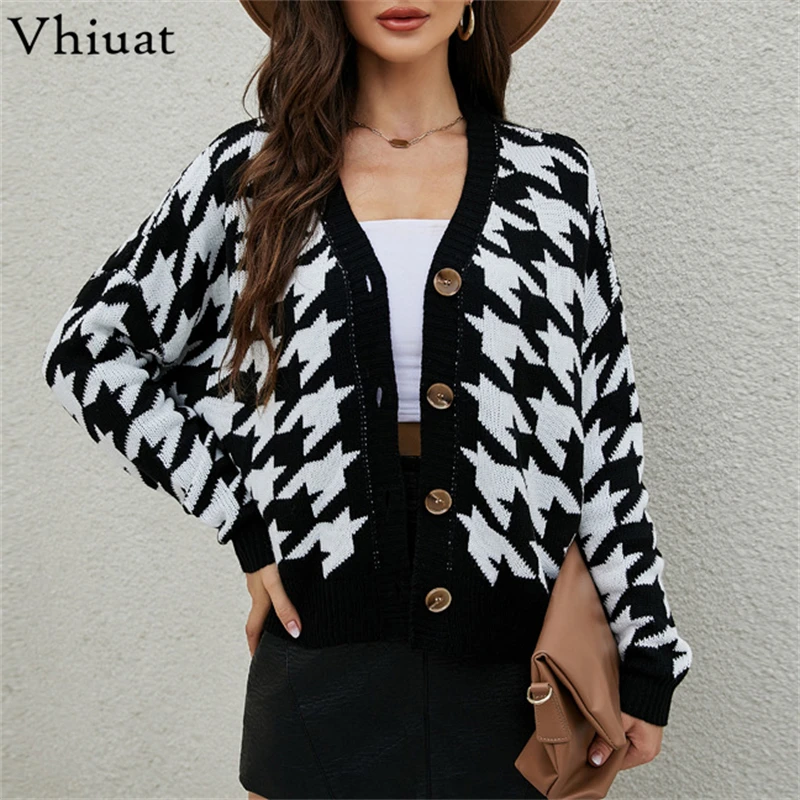 Vhiuat Female Houndstooth Knitted Cardigan Fashion Oversized Sweater Long Sleeve V Neck Loose Coat Top Women Vintage Winter 2021
Vhiuat Female Houndstooth Knitted Cardigan Fashion Oversized Sweater Long Sleeve V Neck Loose Coat Top Women Vintage Winter 2021