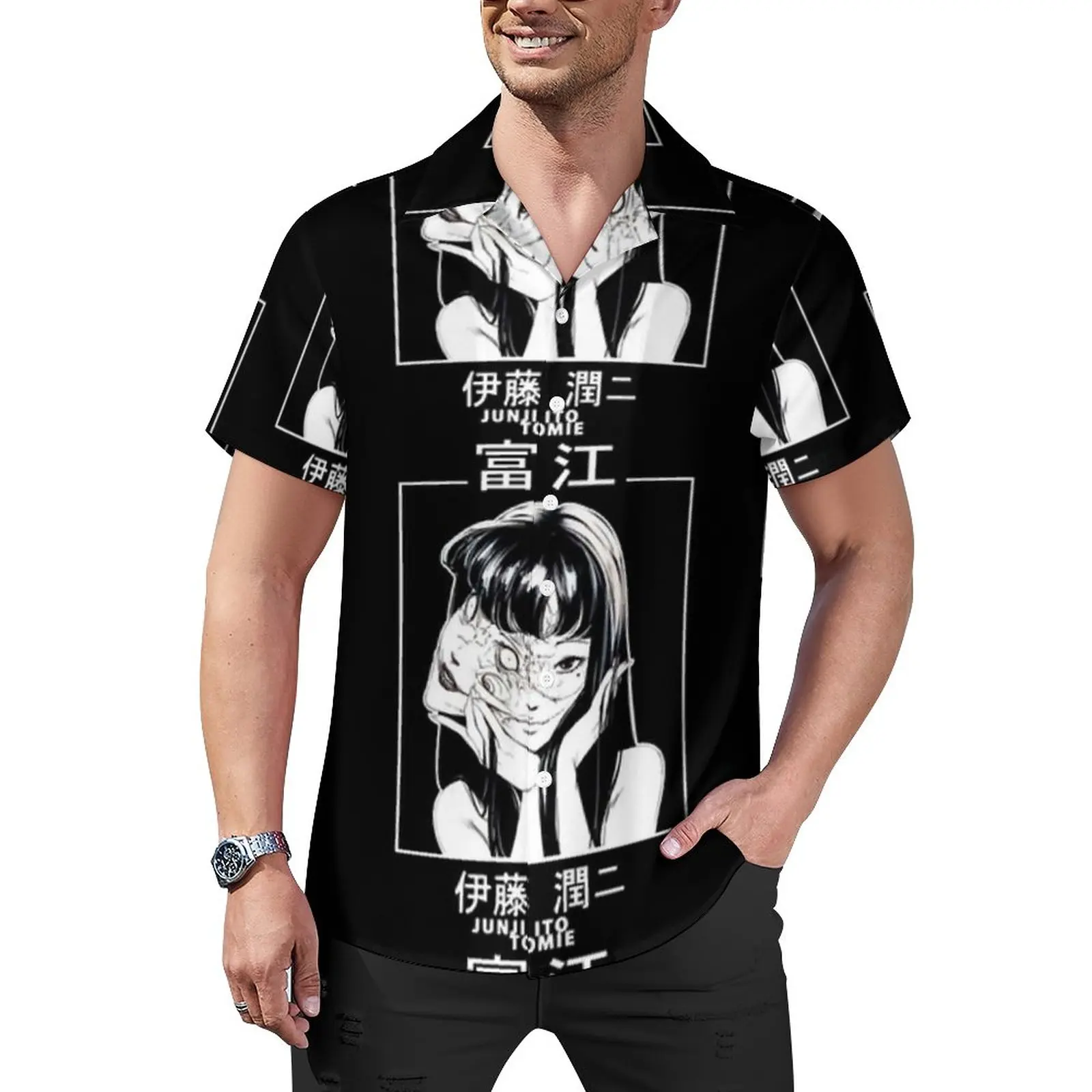 

Junji Ito Casual Shirt Japanese Cartoon Scary Beach Loose Shirt Hawaiian Aesthetic Blouses Short Sleeve Design Oversized Clothes