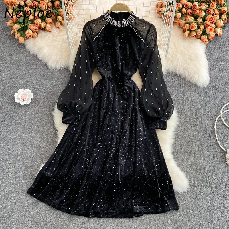 N GIRLS Fairy Chiffon Lantern Sleeve Patchwork Women Dresses Stand Collar Velvet Sequins Dress Woman Elegant Large Hem Robe 2022
N GIRLS Fairy Chiffon Lantern Sleeve Patchwork Women Dresses Stand Collar Velvet Sequins Dress Woman Elegant Large Hem Robe 2022