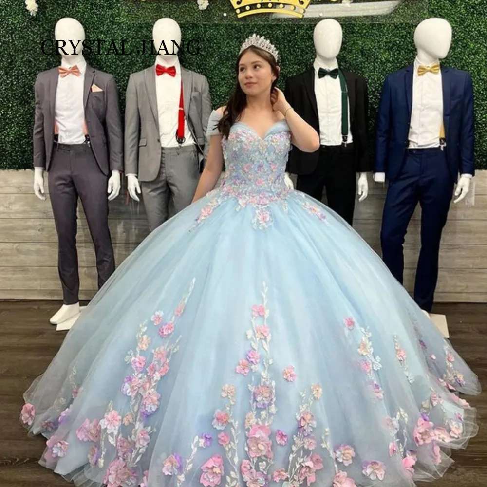 

Элегантные Длинные свадебные платья из тюля с открытыми плечами кружевные аппликации с 3D цветами бальное платье Vestidos De 15 Quinceañera