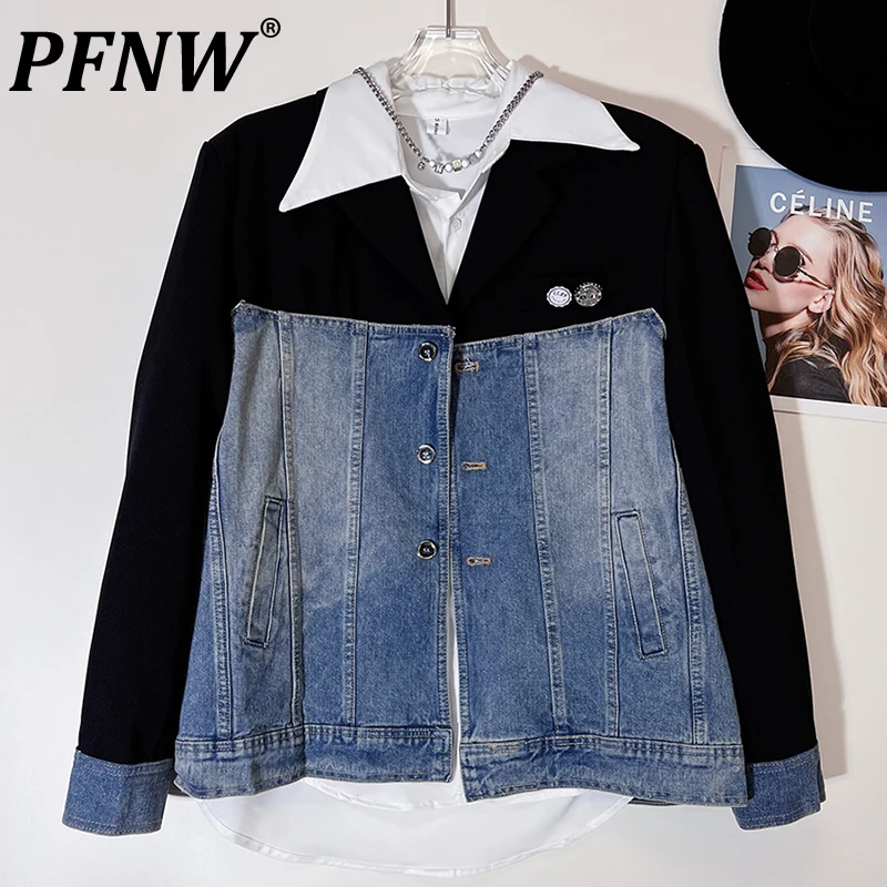 

PFNW джинсовый костюм Patchork куртки мужской повседневный Блейзер нишевой дизайн корейский модный клубный мужской пиджак осень 2023 стильный новый 28W1706