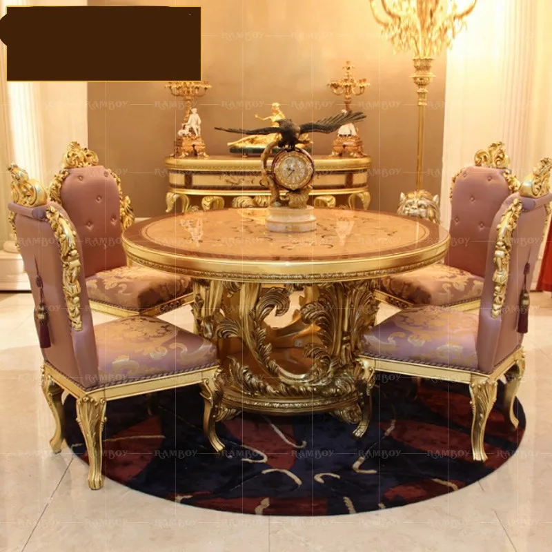 

Мебель для виллы на заказ, Европейский обеденный стол из цельной древесины, Французский роскошный резной круглый стул из золотой фольги