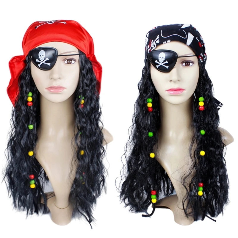 

Pirate with Eye-Patch Scarf Set Long Curly Black Pirate Pirate Outfit Costume Accessories for Halloween Party HXBA