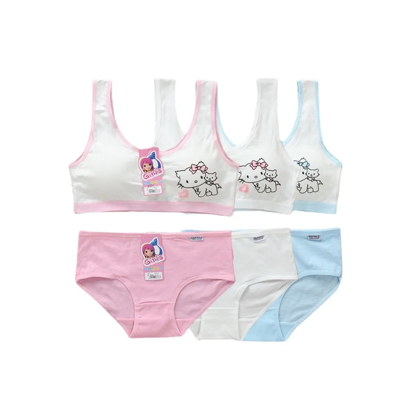 

2022 New Kids Cotton Sports Training Bra Girls Cute Underwear Set Solid Color Letters Printed Neckline Teenage Briefs Panties