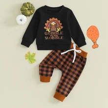 Infant Toddler Baby Boys Thanksgiving Day Outfits Set Turkey Letter Printing Shirts Plaid Trousers Fall Winter Pants Set