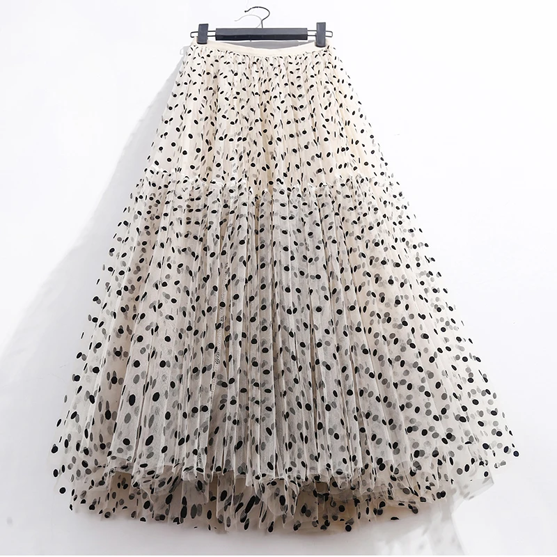 

High Waist Flocking Polka Dot Long Pleated Tulle Skirt A-line Mesh Tutu Skirts Womens 2022 Spring Summer