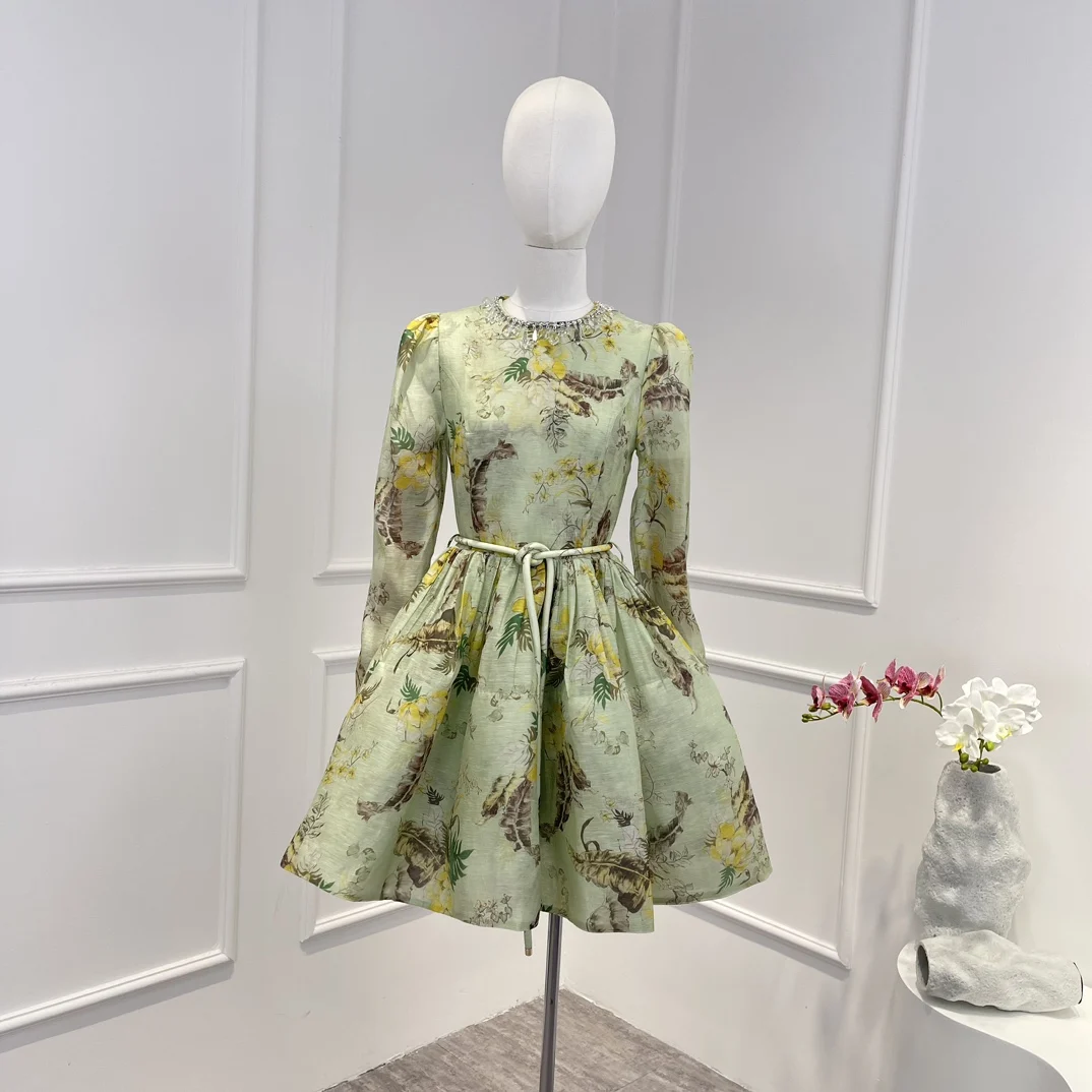 Linen Silk 2023 New High Quality Green Floral Printing Diamonds A-line Vintage Lace-up Long Sleeve Mini Dress for Woman
Linen Silk 2023 New High Quality Green Floral Printing Diamonds A-line Vintage Lace-up Long Sleeve Mini Dress for Woman