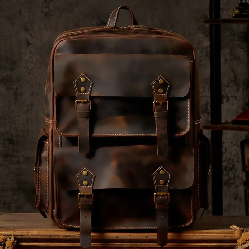 

Мужской винтажный дорожный рюкзак Crazy 100% из натуральной воловьей кожи ручной работы с лошадью, вместительный Британский рюкзак для компьют...