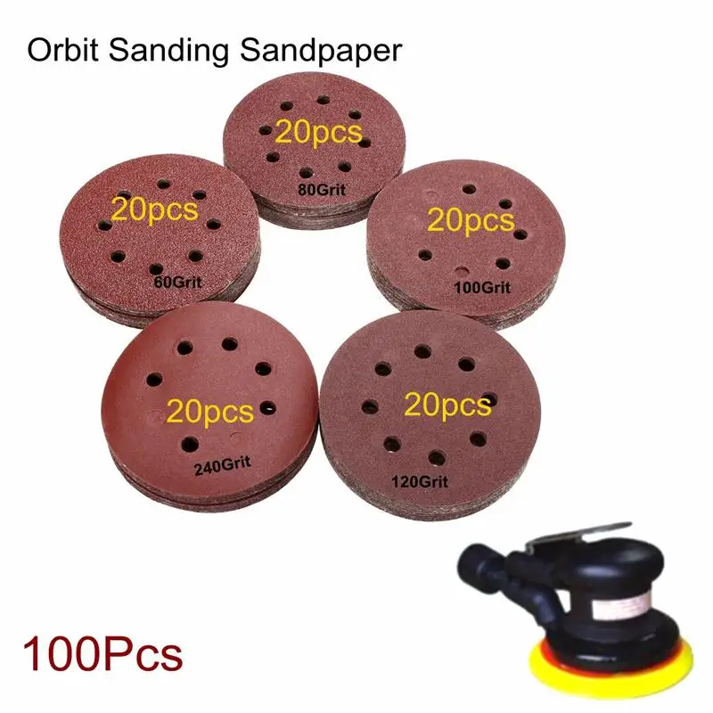 

100Pcs 125MM Round Shape Sanding Discs 60 80 100 120 240 Grit 8 Hole Sander Buffing Sheet Sandpaper Polishing Pad Each of 20