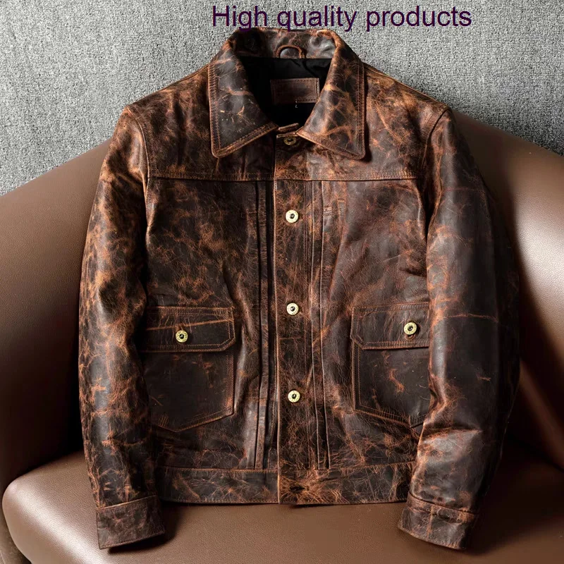 Style New Heavy Oil Wax Top Layer Tea Core Horse Short Section Slim Men's Genuine Leather Jacket Retro Coat 
Style New Heavy Oil Wax Top Layer Tea Core Horse Short Section Slim Men's Genuine Leather Jacket Retro Coat