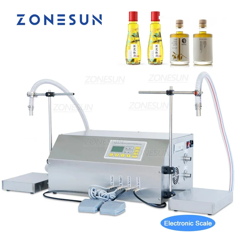 

ZONESUN 2 Heads Gear Pump Essential Oil Olive Soybean Juice Wine Milk Beverages Bottle Weighing And Filling Machine ZS-GP262W