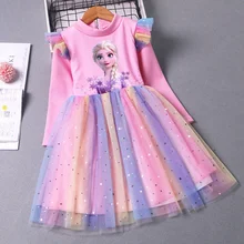Disney Frozen Princess Elsa Dress for Girls Autumn Winter Long Sleeve Velvet Rainbow Lace Sequins Pink Blue Children Dresses