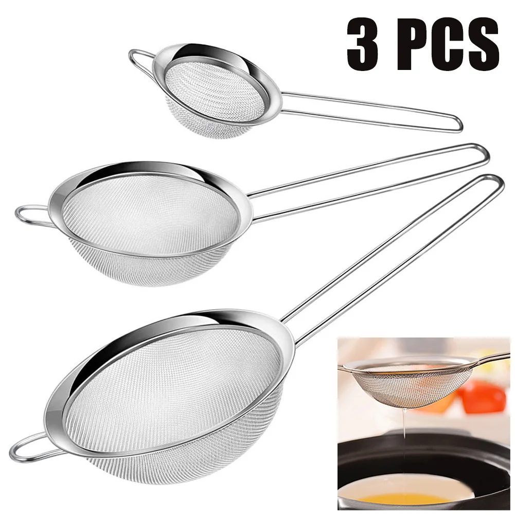 3pcs 80/140/200mm Stainless Steel Fine Mesh Strainer Flour Colander Sifter With Long Handle DIY Kitchen Filtering Food Tools
3pcs 80/140/200mm Stainless Steel Fine Mesh Strainer Flour Colander Sifter With Long Handle DIY Kitchen Filtering Food Tools
