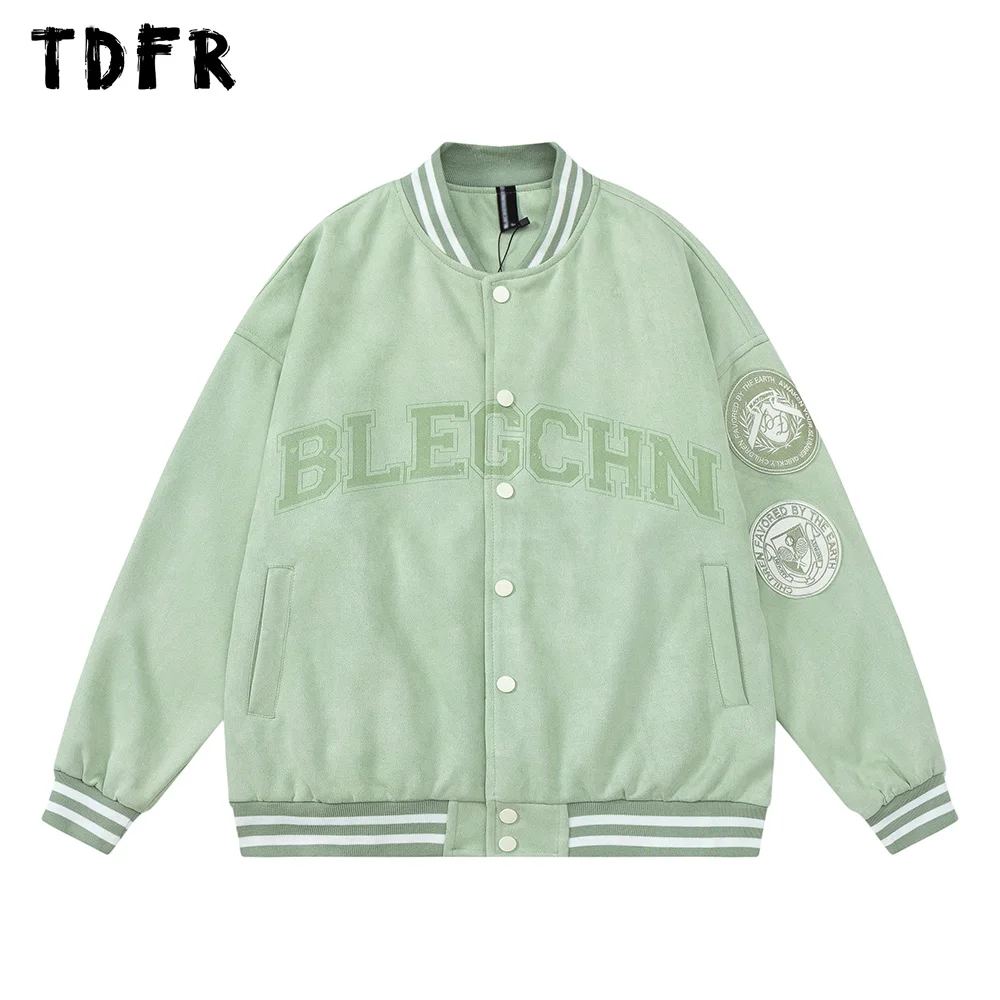 Куртка мужская замшевая с нашивкой, Повседневная Свободная верхняя одежда с воротником-стойкой и длинным рукавом, с надписью, Осень-зима