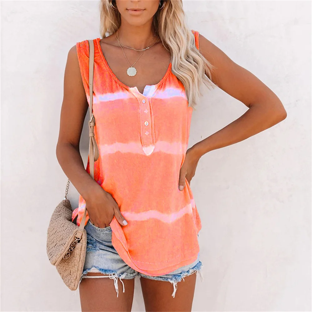 2022 Summer Women Tie-Dye Striped Printed Vest T-Shirts Casual Loose Oversize Tank Tops Ladies O-Neck Button Sleeveless T-Shirt
2022 Summer Women Tie-Dye Striped Printed Vest T-Shirts Casual Loose Oversize Tank Tops Ladies O-Neck Button Sleeveless T-Shirt