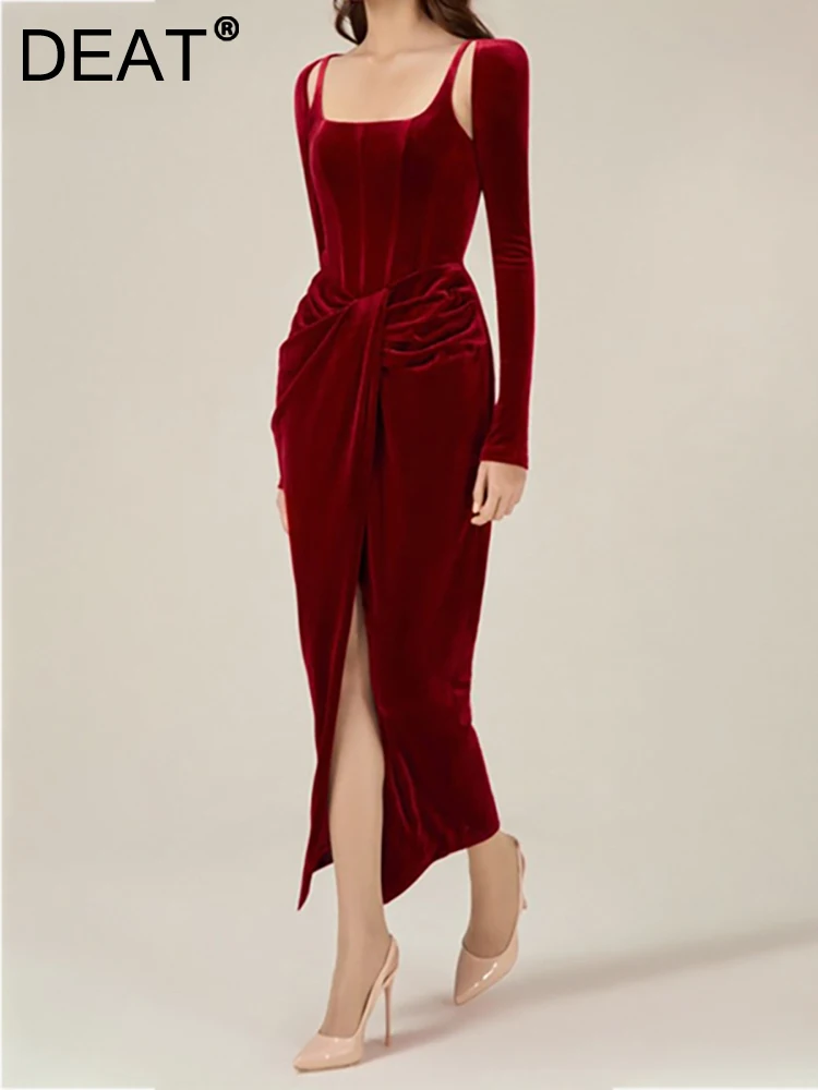 DEAT Women Velvet Party Dress Square Long Sleeve High Split Pleated Camisole Solid Color Fashion Evening Dress 2023 New 13DB1722
DEAT Women Velvet Party Dress Square Long Sleeve High Split Pleated Camisole Solid Color Fashion Evening Dress 2023 New 13DB1722
