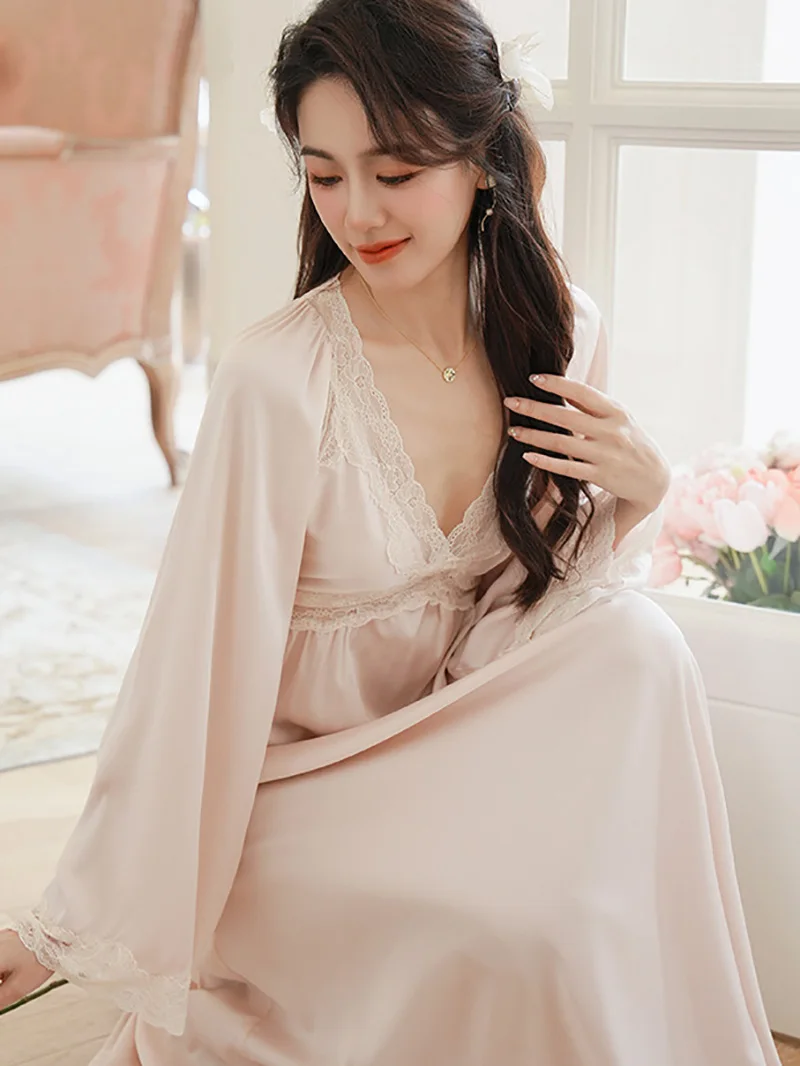 

Women French Victorian Romantic Long Silk Pajama Nightdress Sleepwear Ladies Fairy Pajama Loose V-Neck Lace Princess Night Wears