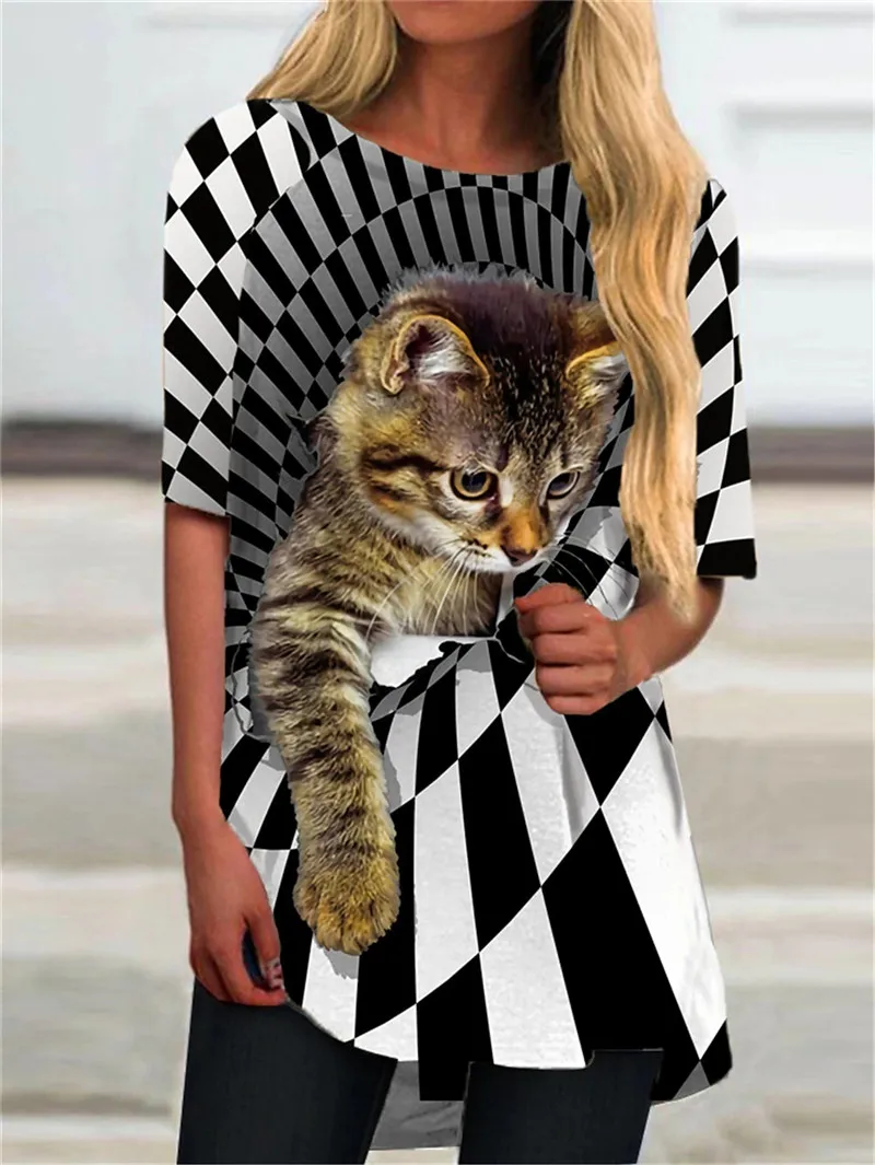 Fashion Plaid Cat Print T-shirt Summer Women's Tshirt Casual Round Neck Short Sleeve Pullover Tops Elegant Modern Street Clothes
Fashion Plaid Cat Print T-shirt Summer Women's Tshirt Casual Round Neck Short Sleeve Pullover Tops Elegant Modern Street Clothes